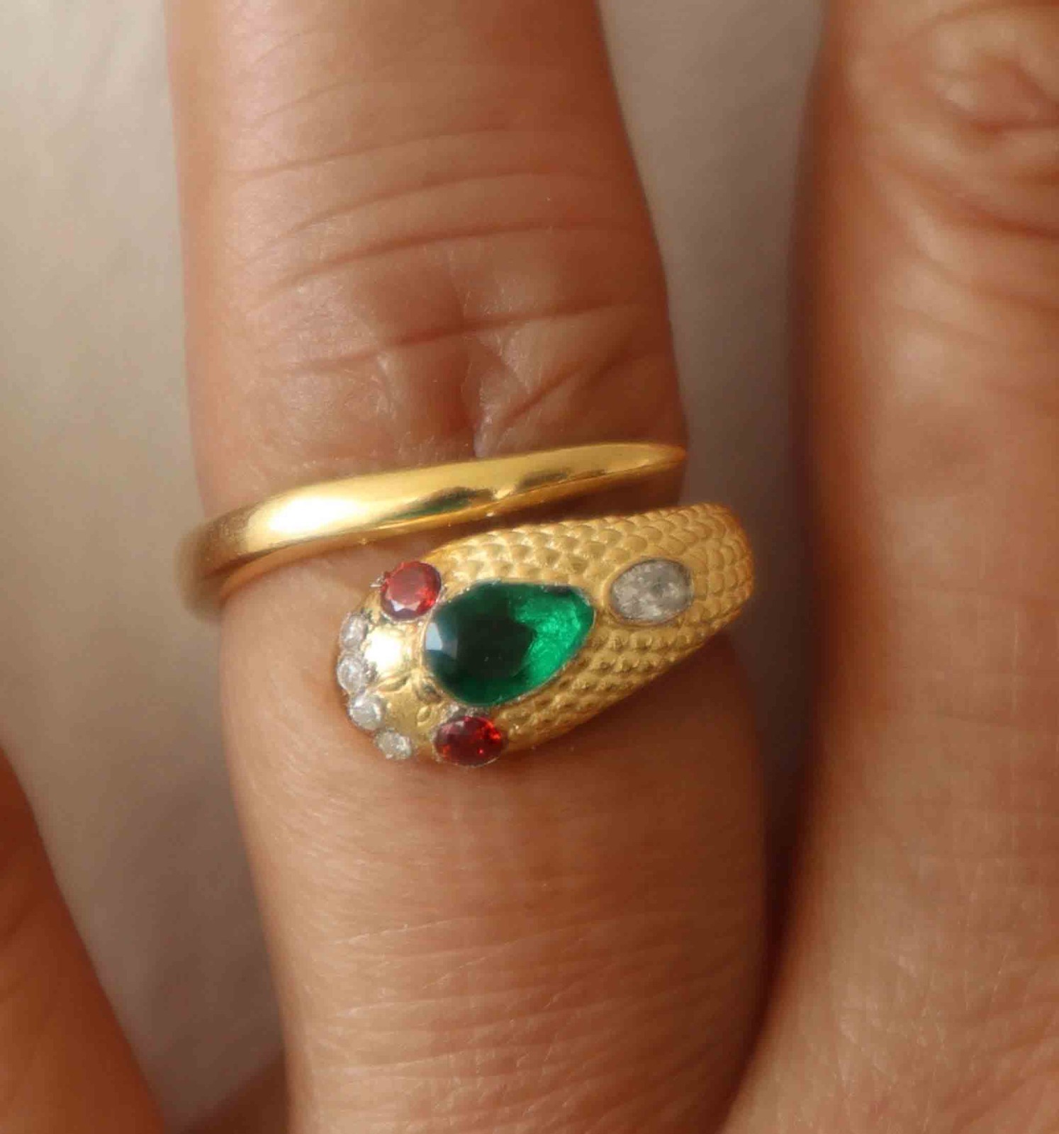 Queen Victoria Gold Vermeil Serpent Snake Ring with Lab Created Sapphire