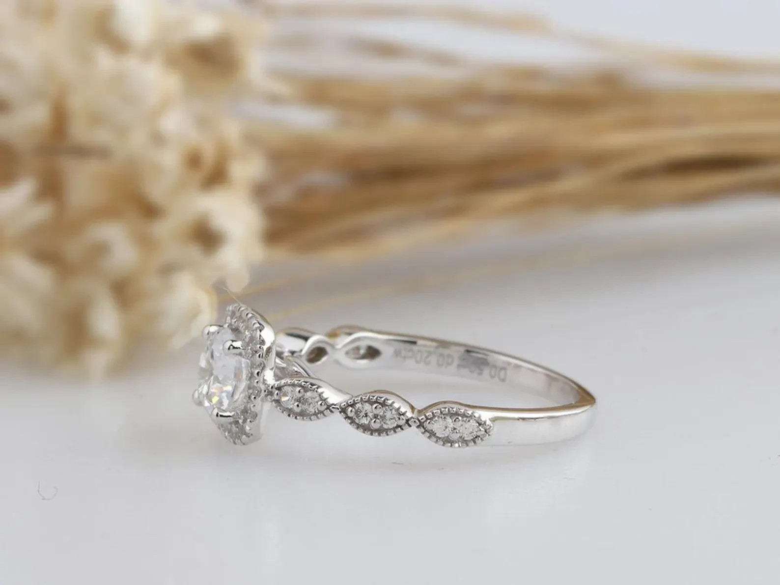 Round Moissanite Engagement Ring In Sterling Silver, Halo Anniversary Ring