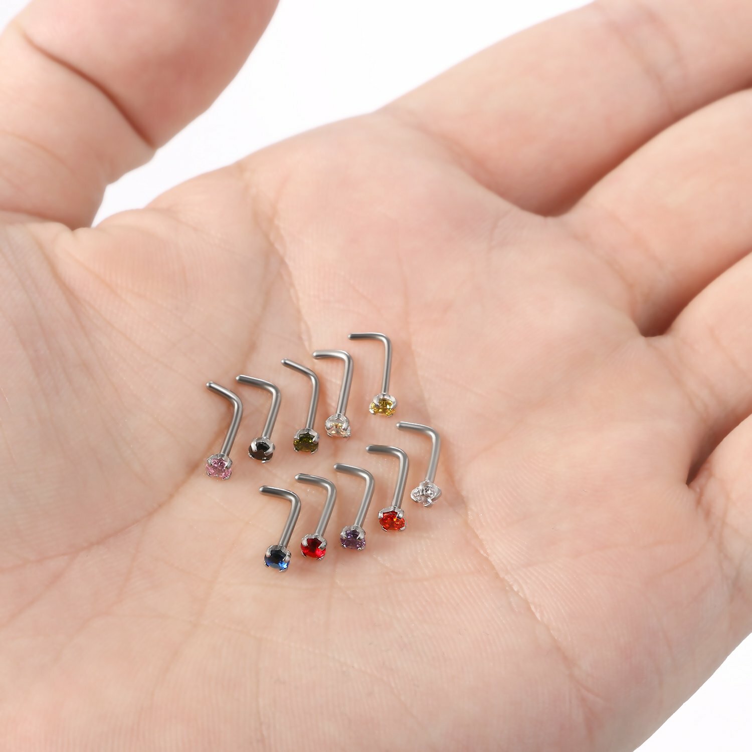 10pcs L Shape Nose Nail 316L Surgical Steel Ring Zircon Piercing Jewelry 1.5-3mm