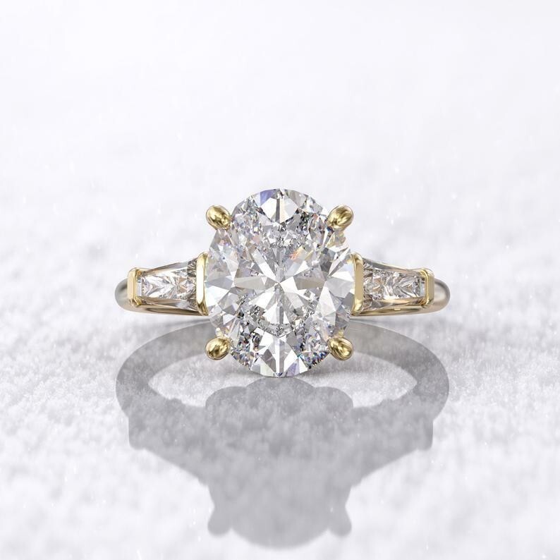 2Ct Oval Cut Diamond 3 Stone Simulated Engagement Ring 14K Yellow Gold Finish