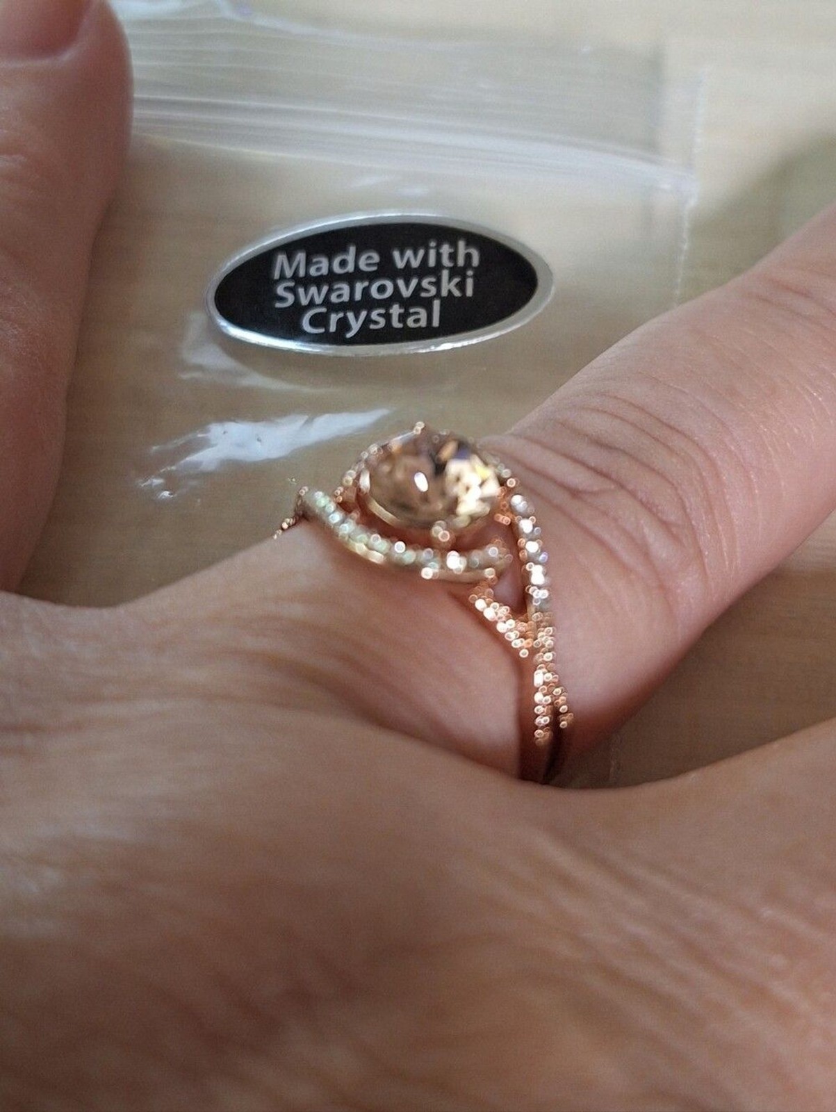 Swarovski Crystal Elements Rose Gold Statement Ring Pink Champagne Size 7.75