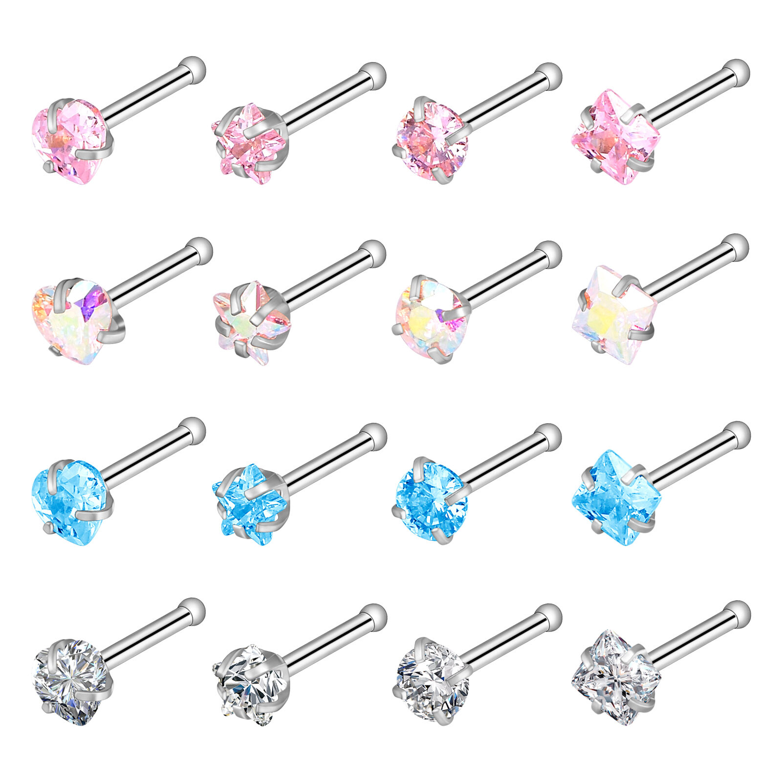 16PCS/LOT Bone Stud Nose Ring Mixed Color Stainless Steel Straight Nose Stud 20G