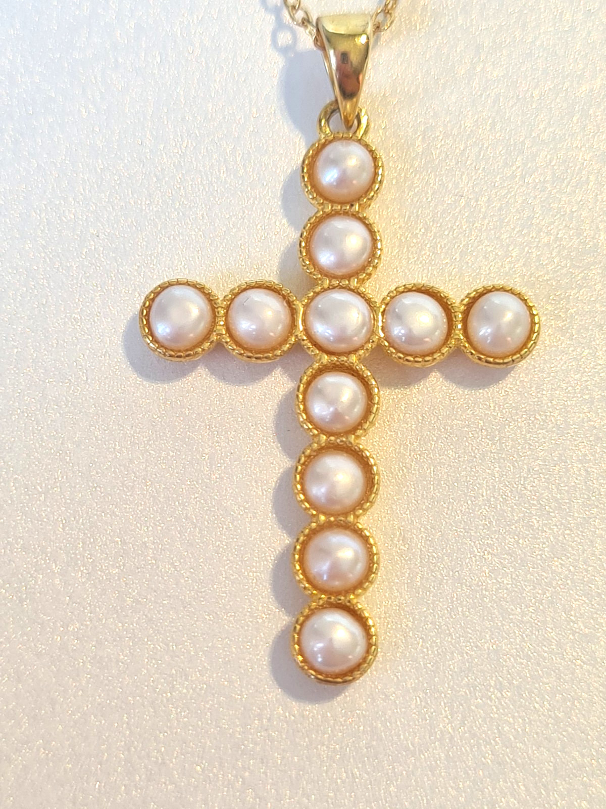 KEZEF Italian Gold over Sterling Silver Real Pearl Christian Cross + Necklace