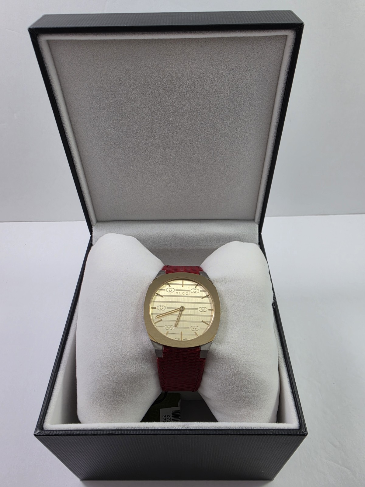 Gucci 25H Quartz Ultra Thin Two Tone Red Leather Strap Ladies Watch YA163415