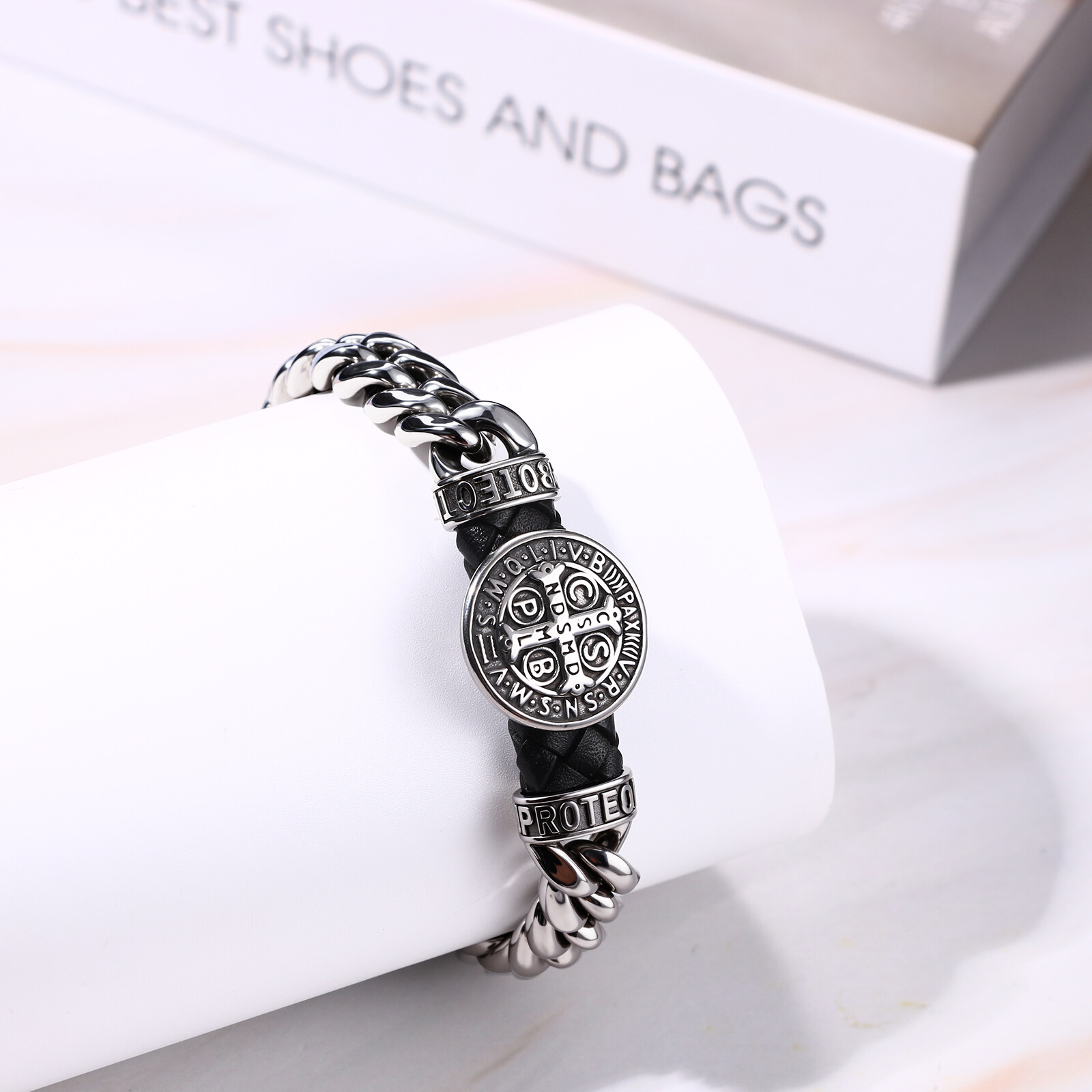 Men’s Catholic St Benedict Medal Bracelet Stainless Steel Heavy Cuban Link Chain