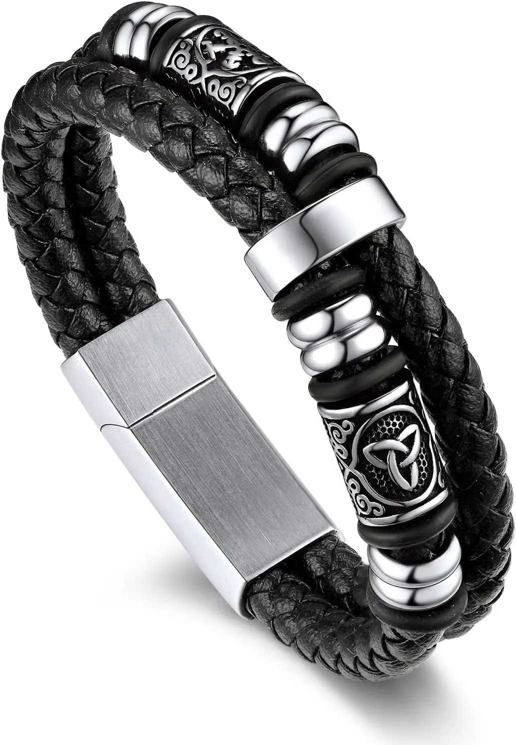 Men Black Double Wax Rope Bracelet Waterproof Stainless Steel Celtic Knot 7 9…