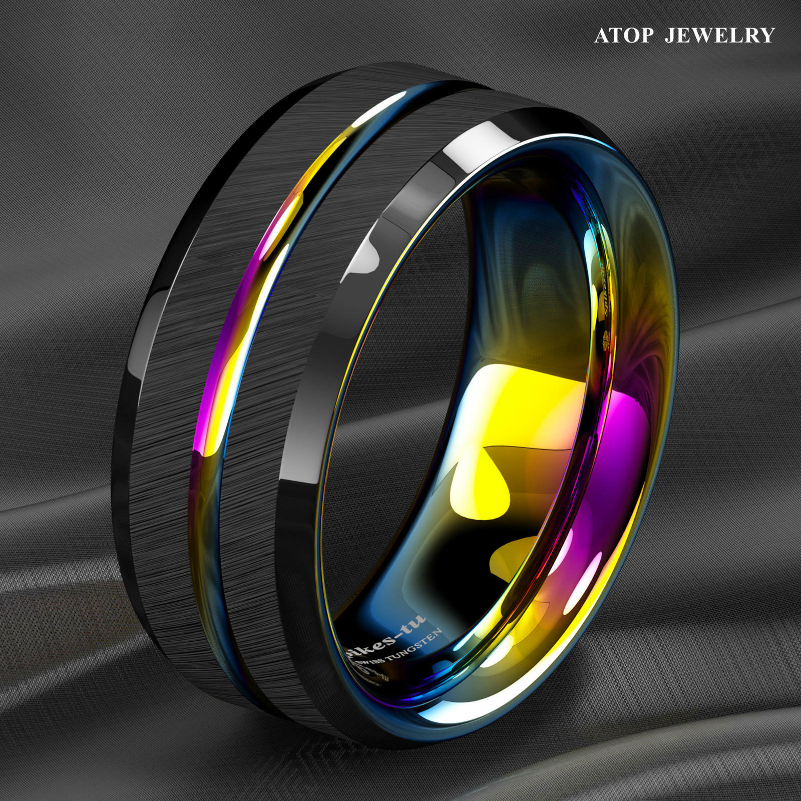 8/6mm Black Brushed Tungsten Carbide Ring Rainbow Line Wedding Band ATOP Jewelry