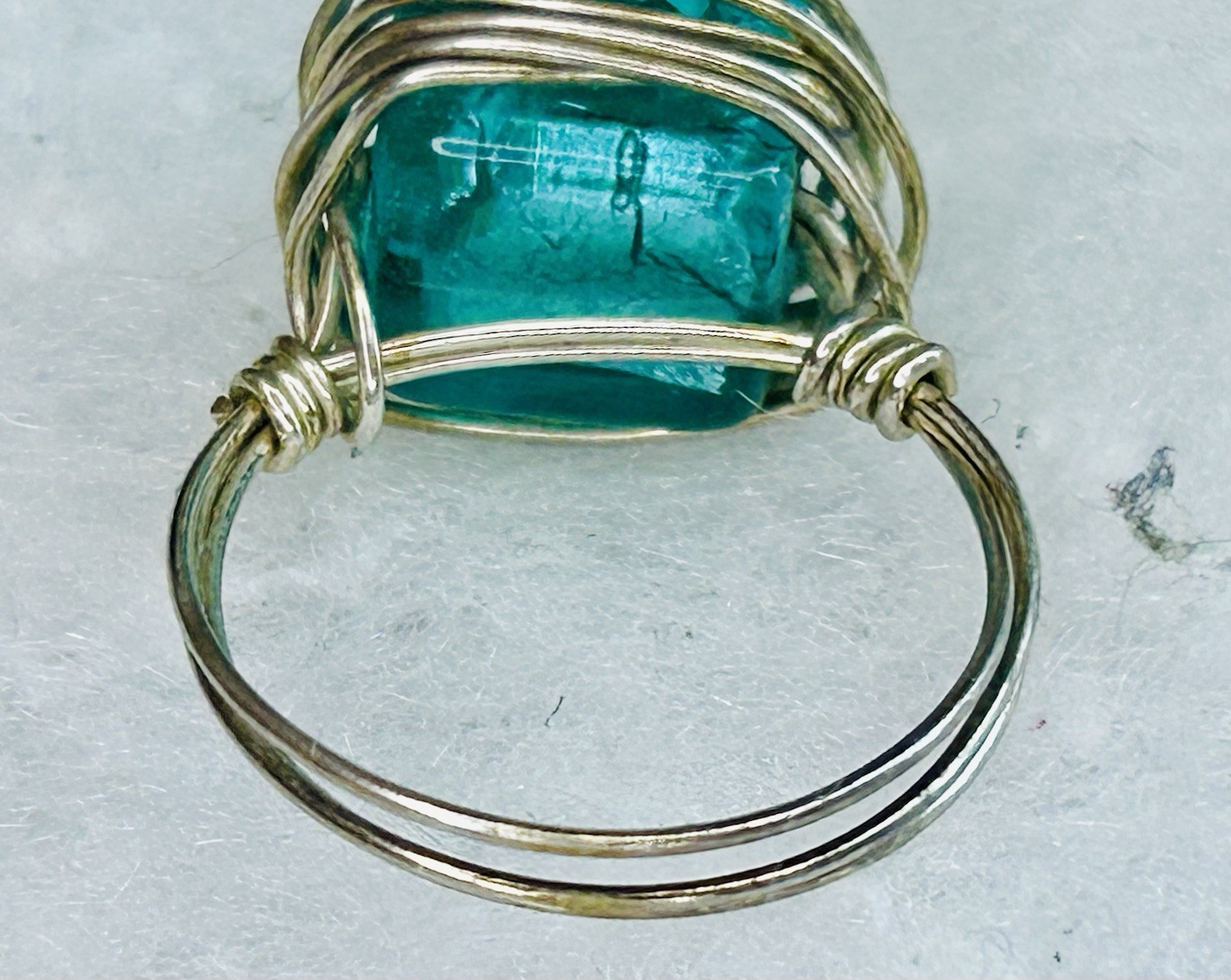 Vintage Artisan Wire Wrapped Aqua Glass Statement Ring (c. 2000s–2010s)
