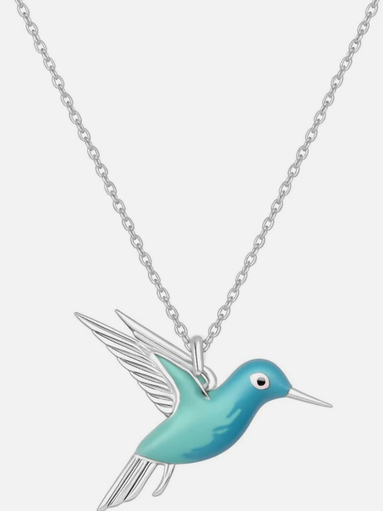 Hummingbird Pendant Necklace, Sterling Silver Chain, Turquoise Blue Enamel