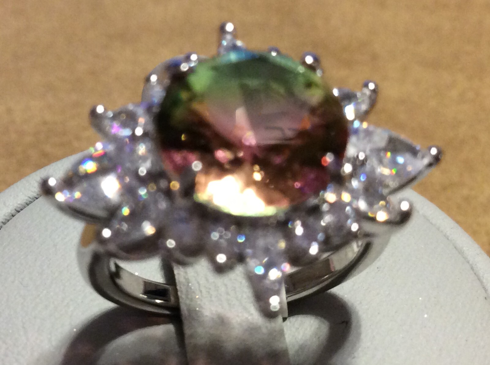 Bomb Party Rising Sun of Creation Lab Watermelon Tourmaline Rhodium PL Ring SZ 5