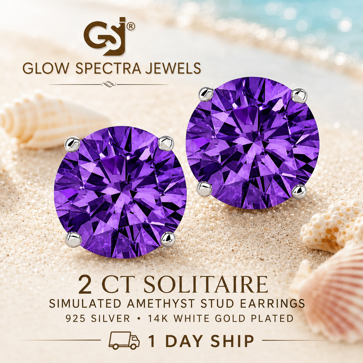 2.00CT Solitaire Purple Amethyst Stud Erring 925 Silver 14k White Gold Plated