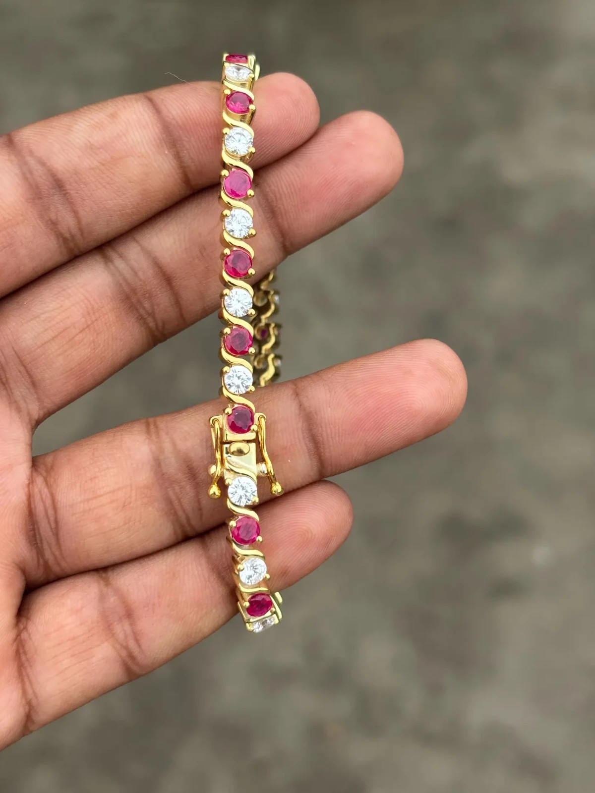 12CT Lab Created 4mm Ruby S Link Tennis Bracelet 14K Yellow Gold Plated 7.5 Inch