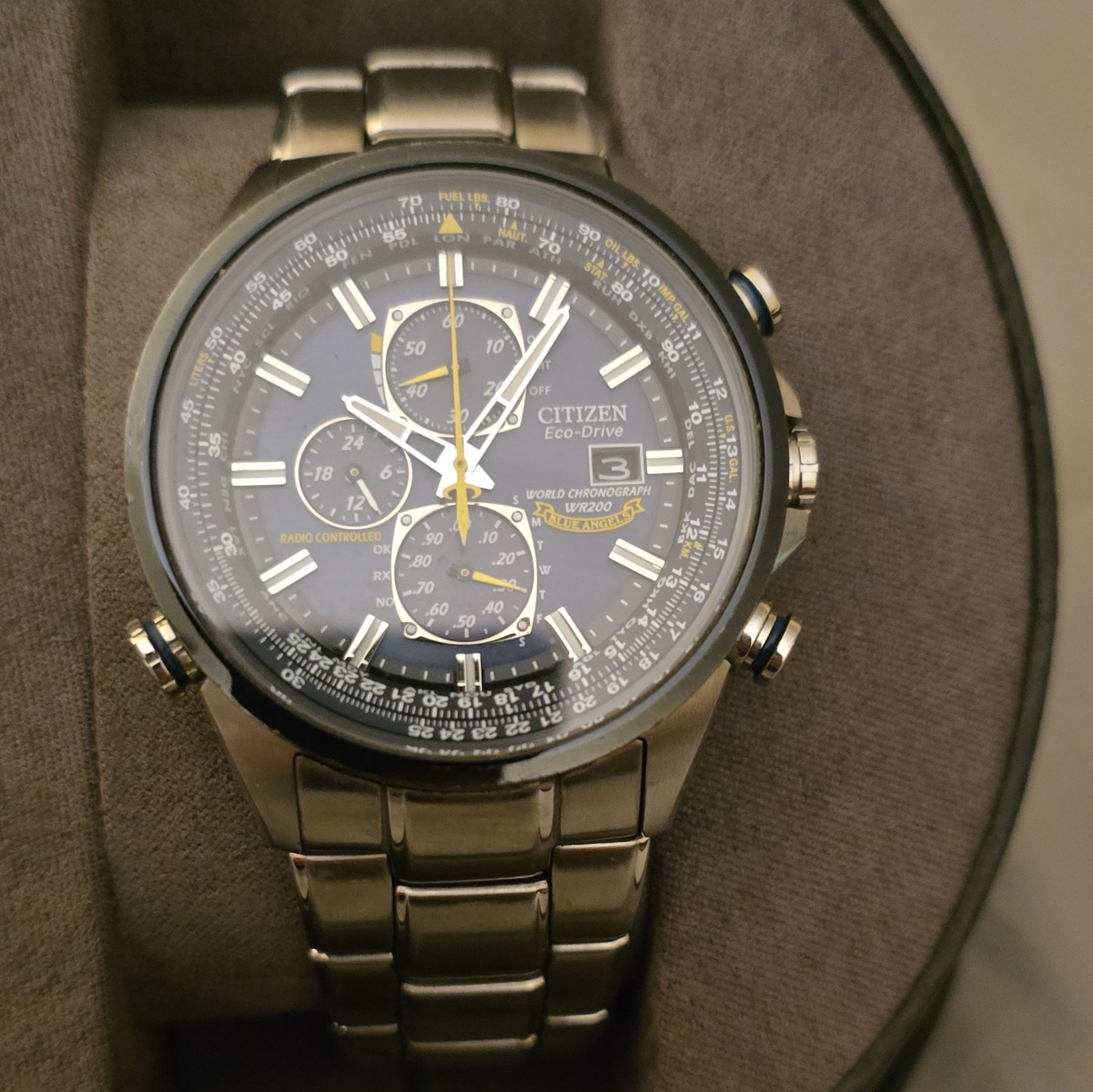 Citizen Eco-Drive Radio Controlled World Time Chronograph WR200 Blue Dial