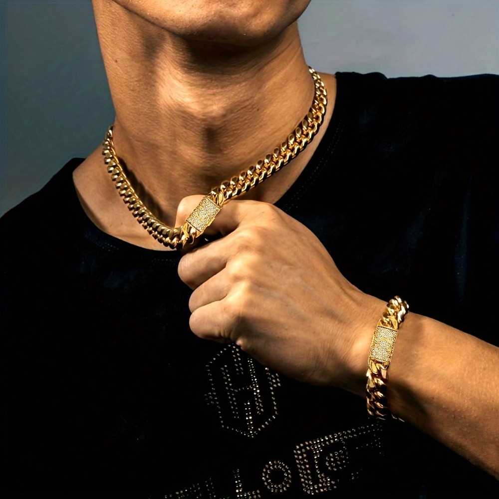 Men’s 18K Gold Plated Cuban Link Necklace & Bracelet Set Size 16-30in