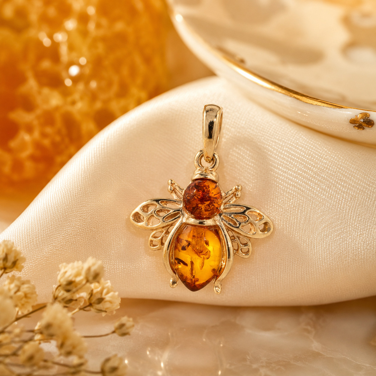 9Carat Yellow Gold Amber Bumble Bee Pendant (18.5x18mm)
