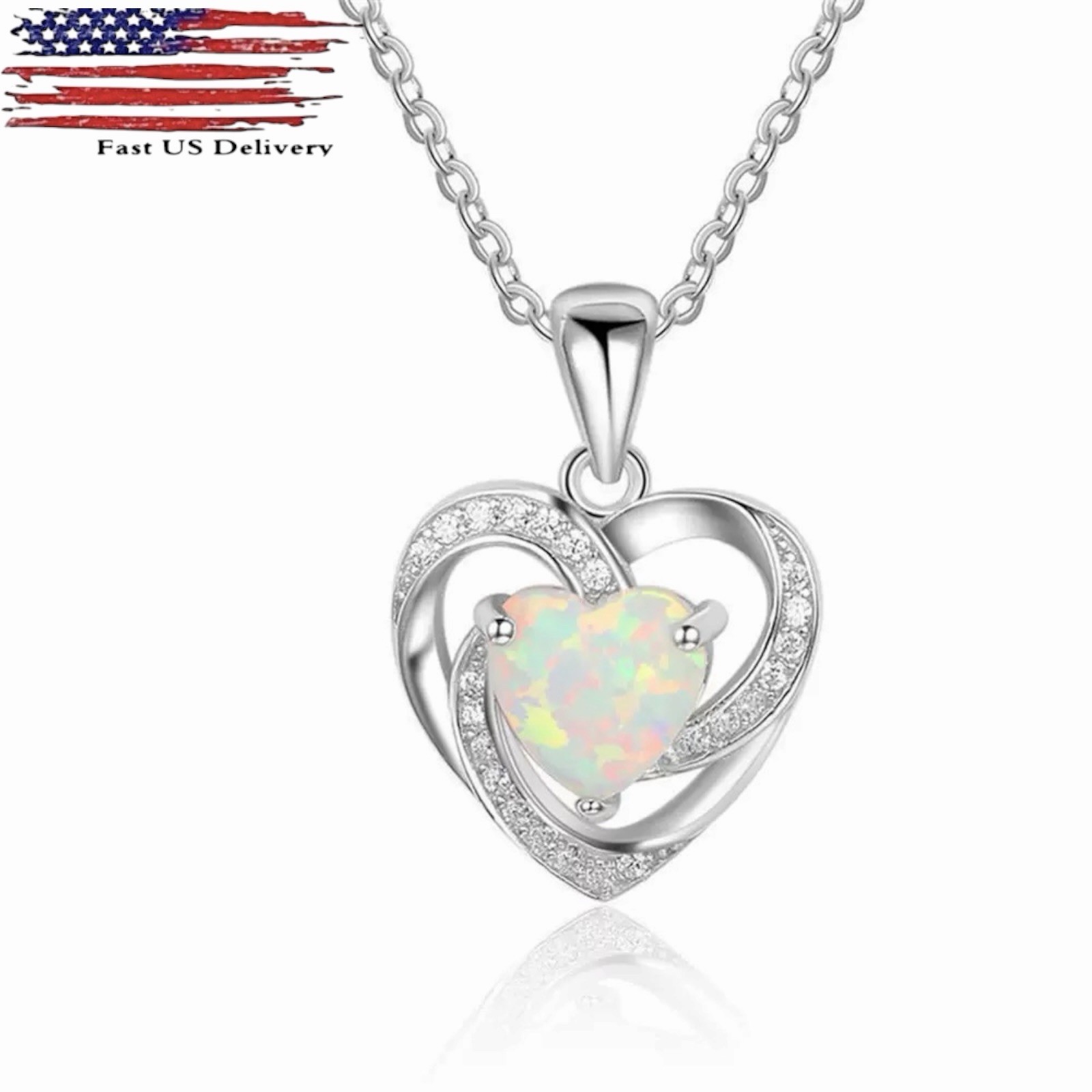 Women Silver Plated Opal Heart Pendant Necklace 18” Lab-Created B90