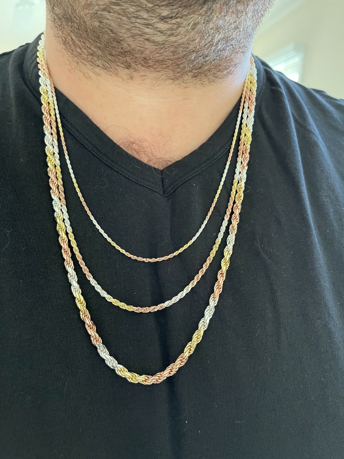 Solid 925 Silver & Yellow Rose Gold Plated Tri Color Rope Chain Necklace 2-5mm