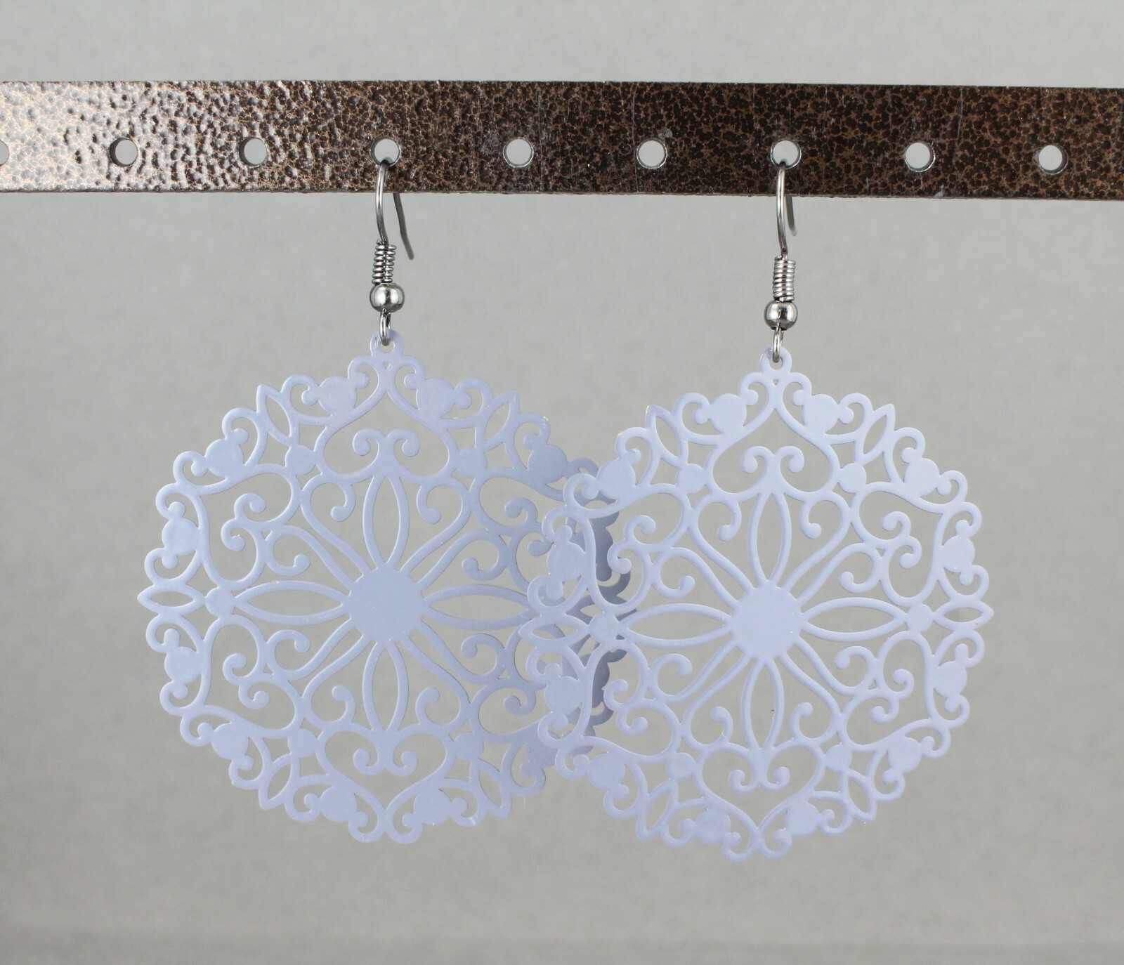 Grey round earrings cut out lace filigree scroll circle 2.5″ long very Light