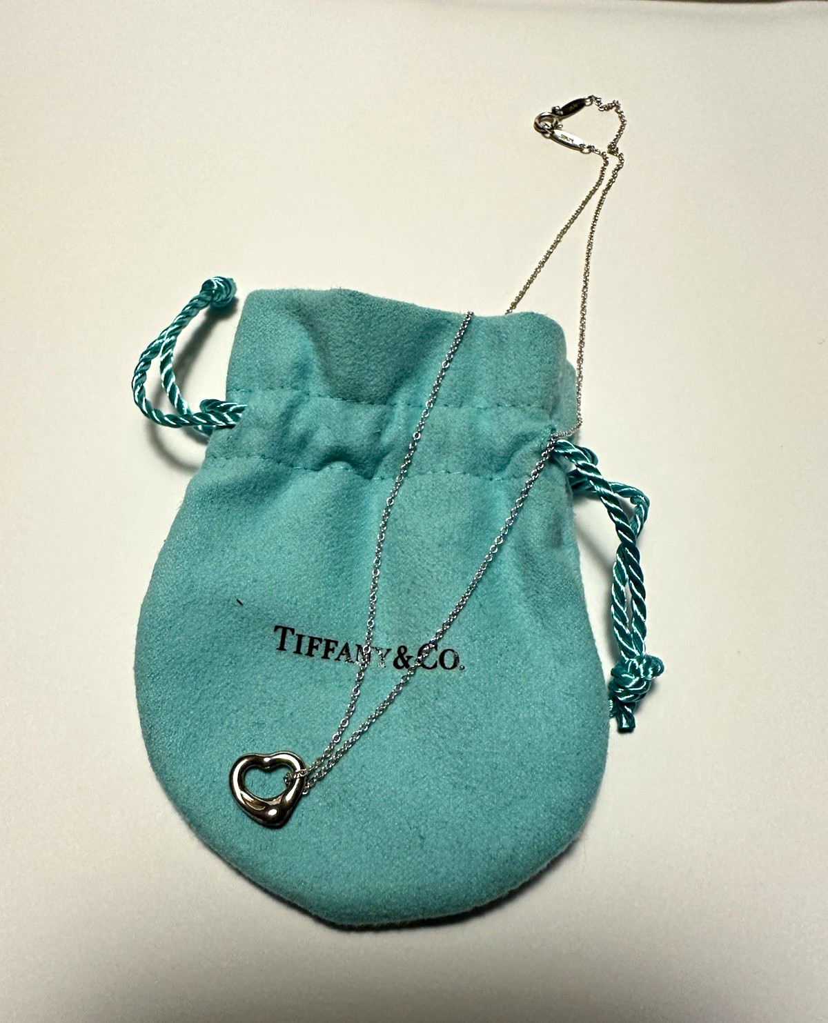 Tiffany & Co. Signed Silver Heart Charm Pendant Necklace Cable Chain Spring Ring