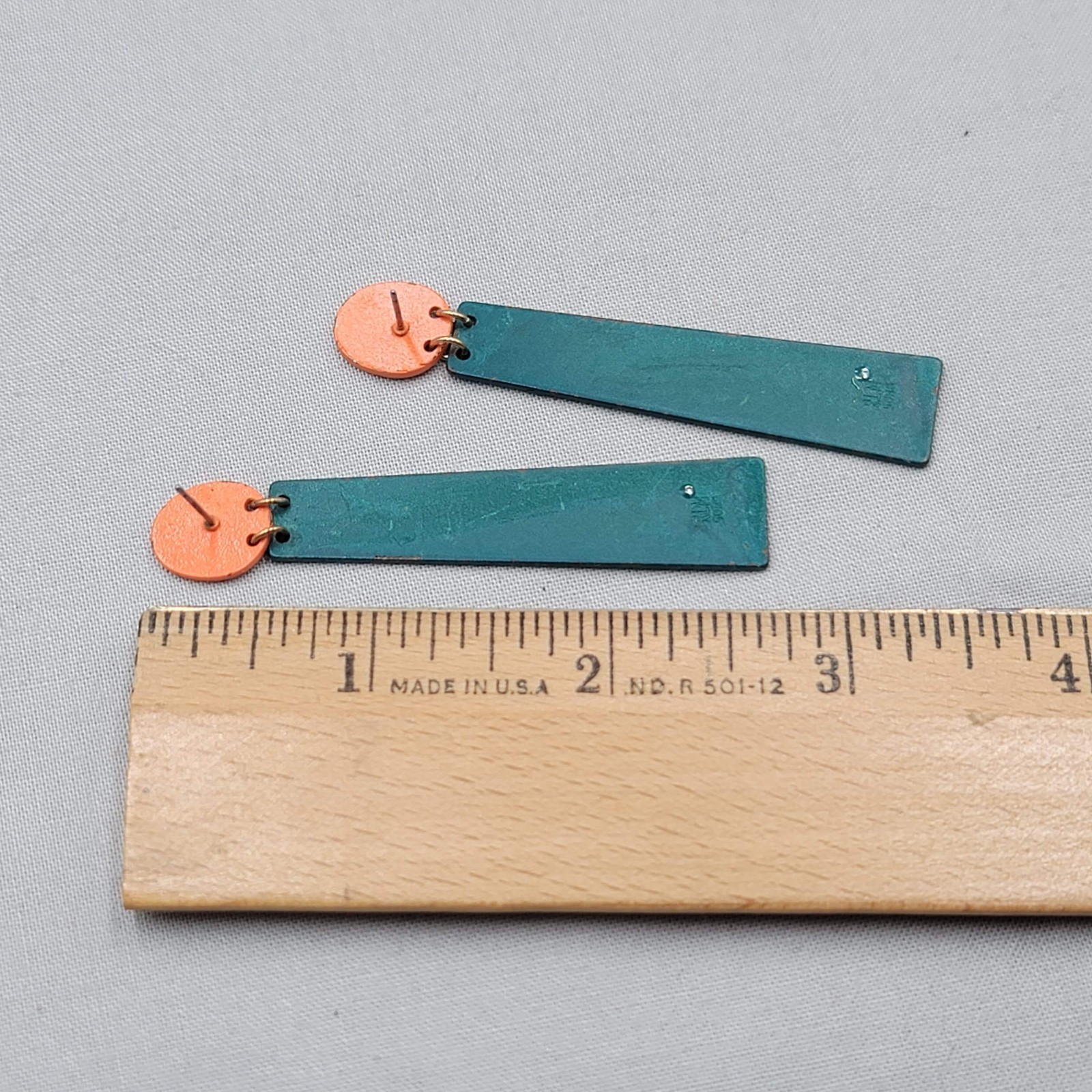 Modernist Green Orange Enamel Pierced Earrings Statement Dangle 2 5/8″