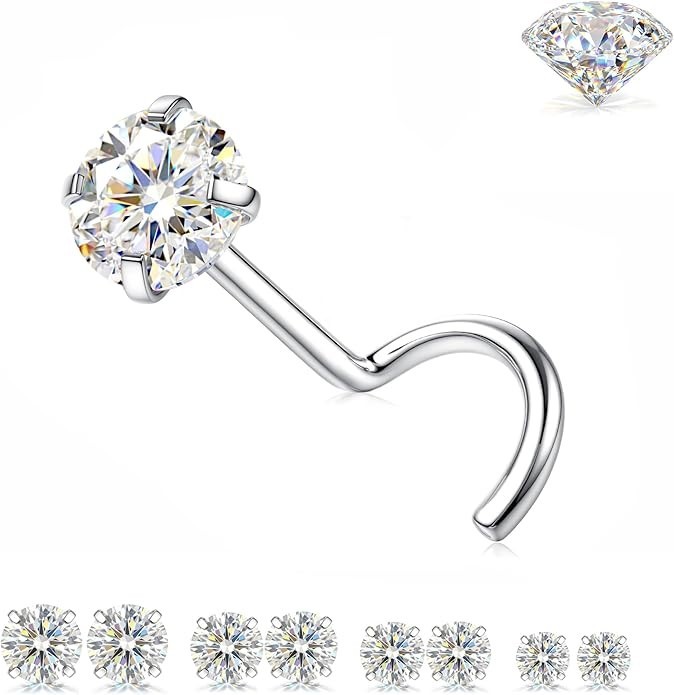 Moissanite Titanium Nose Stud Corkscrew shape 18 Gauge comes with GRA CRD