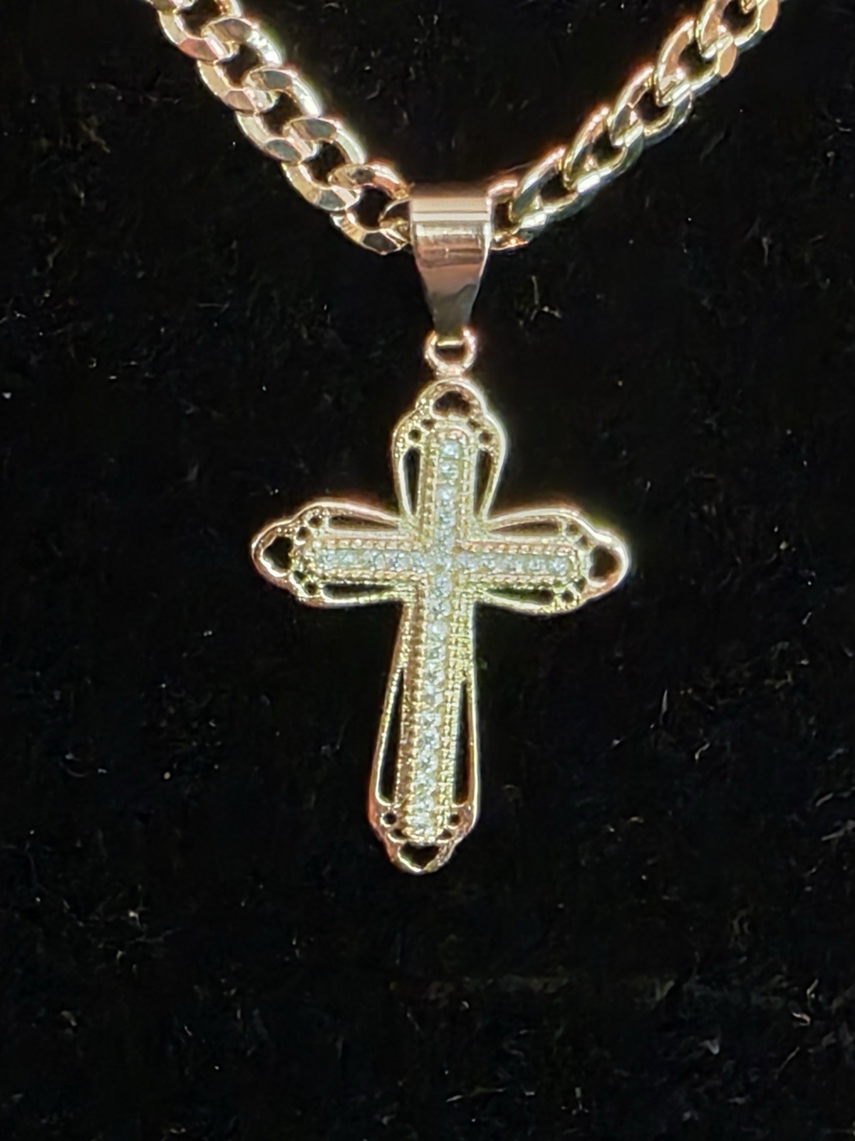 Yellow Gold Filled Curb Link Chain Necklace w Pave Cross Pendant 24”