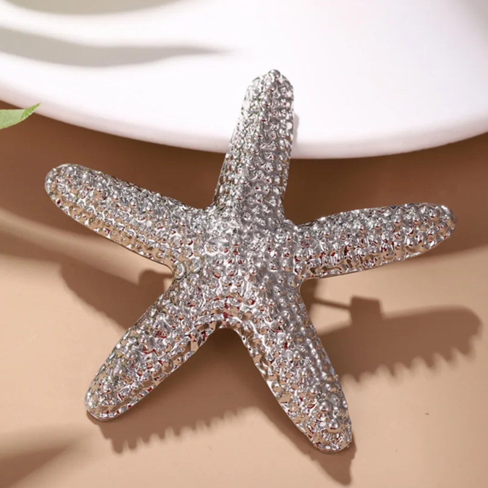 Silver Tone Starfish Seashell Brooch Ocea Beach Summer Pin Coastal Jewelry Gift