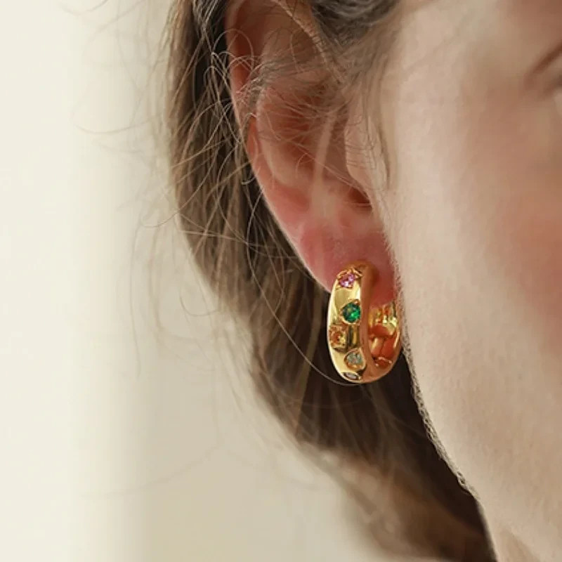 18K Gold Plated Colorful CZ Chunky Hoop Earrings Women Statement Jewellery Gift