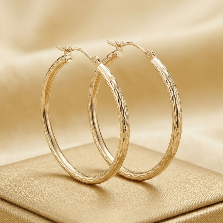 10K Yellow Gold Diamond Cut Hoop Earrings 30mm x 2mm Sparkling Everyday Hoops