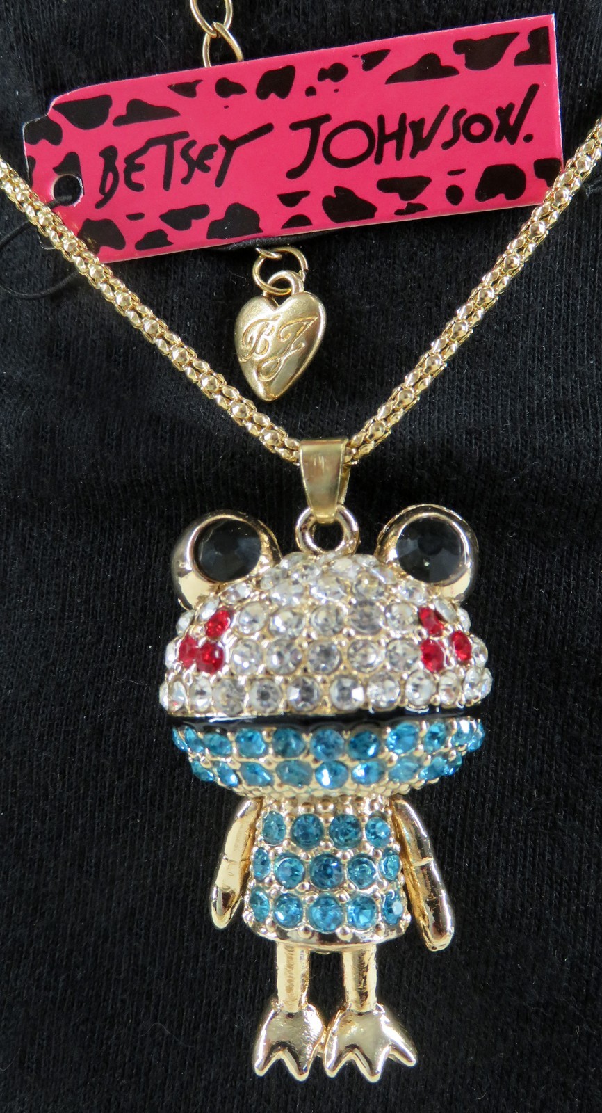 NWT-Blue & Clear & Red Crystal CUTE 3-D Girl Frog Pendant on Goldtone Necklace