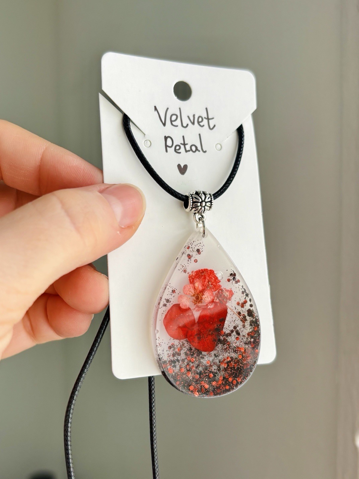 Velvet Petal Resin Necklace Handmade Real Flower Red Glitter Teardrop Pendant