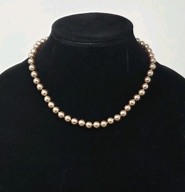 Taupe Faux Pearl Necklace 17 Inches Knotted 8mm Beads Vintage Sheen Unsigned