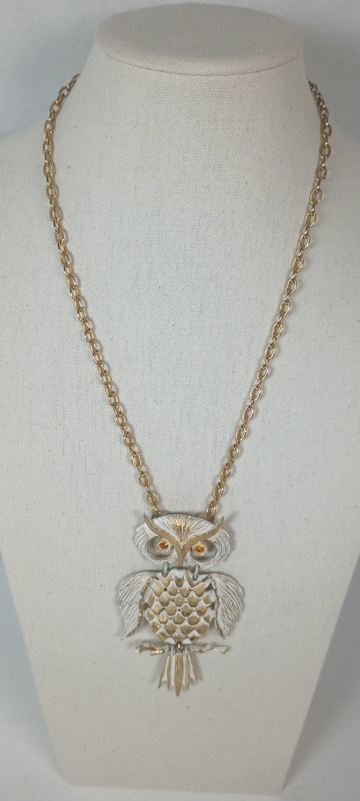 Vintage Articulated Gold Tone Owl Pendant Necklace White Enamel Orange Eyes