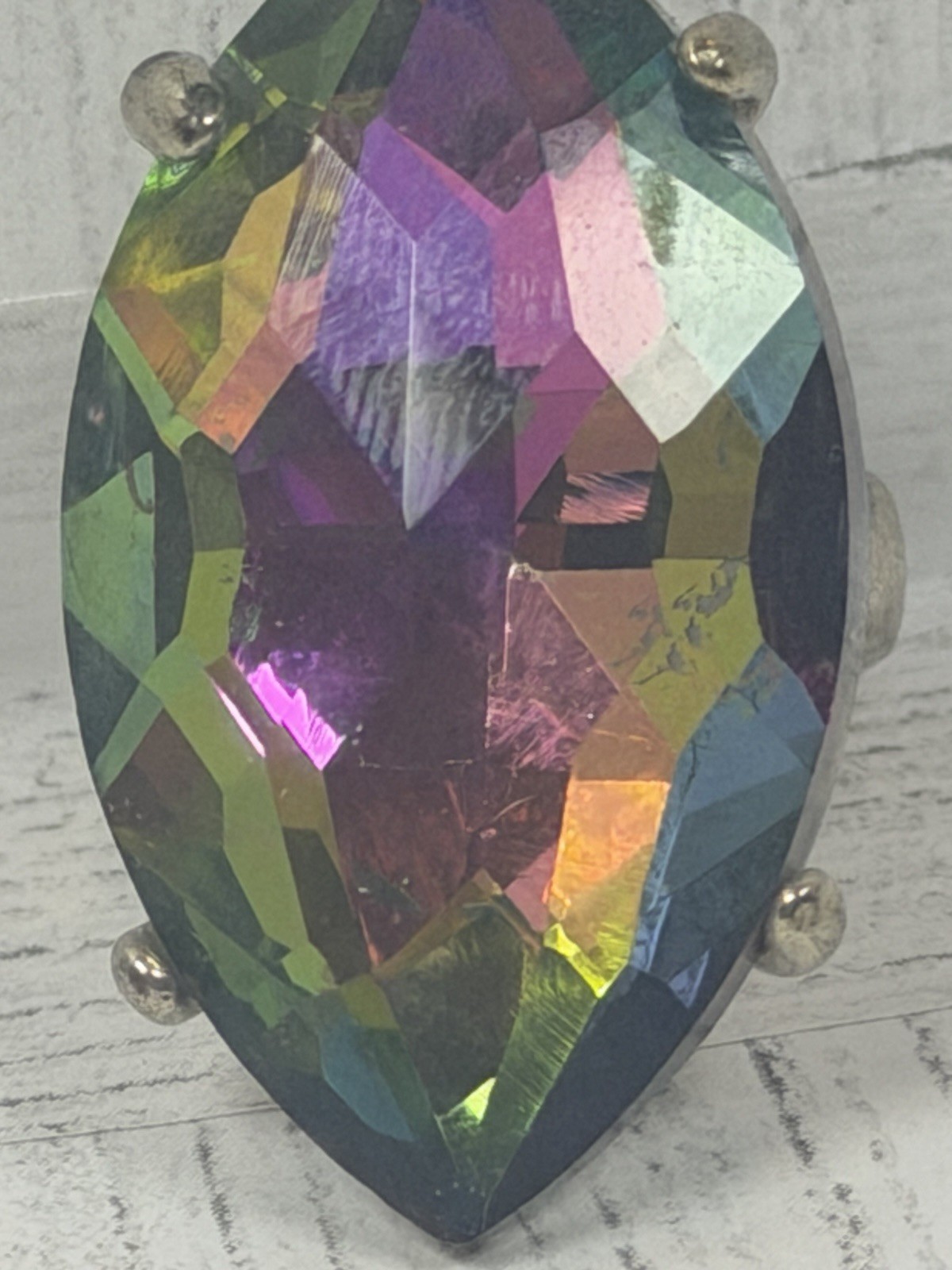 Large Rainbow Foil Backed Crystal Pear Cut Silver Tone Statement Ring Size 5