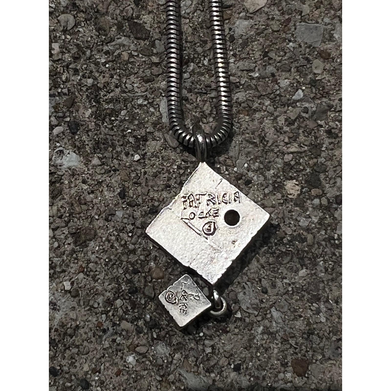 VTG PATRICIA LOCKE Modernist Geometric Mosaic Silver Crystal Dbl Square Necklace