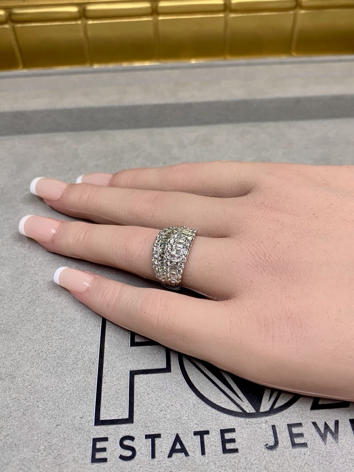 Estate 18K White Gold Baguette & Round Diamond Multi Row Wide Band Cocktail Ring
