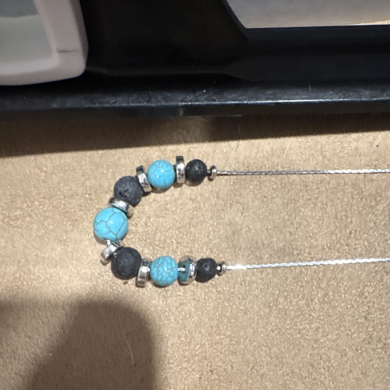 Silver Tone Cable Chain Beaded Necklace, Blue & Black Round Stones, Adjustable