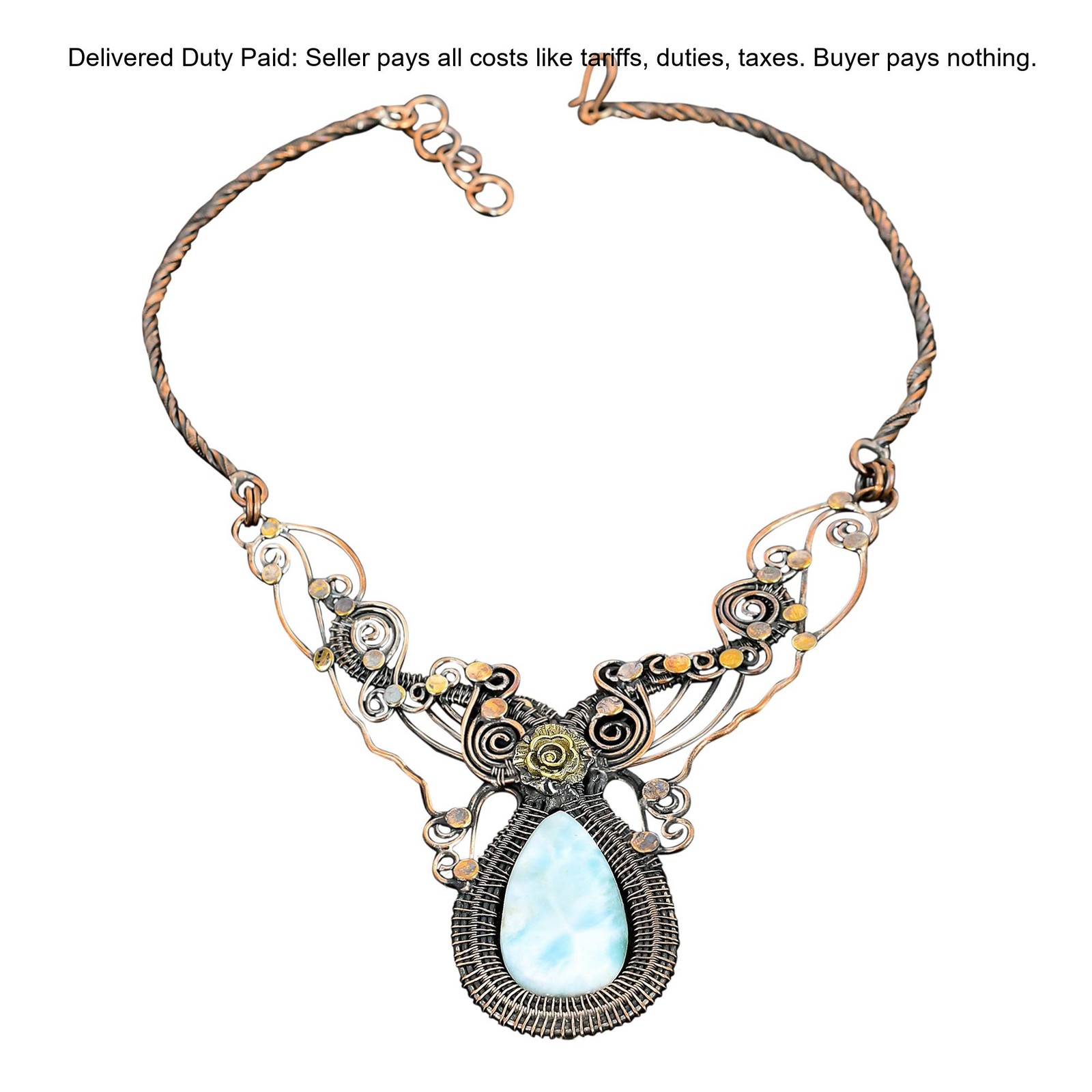 Copper Larimar Gemstone Wire Wrapping Chain Christening Flower Necklace Jewelry
