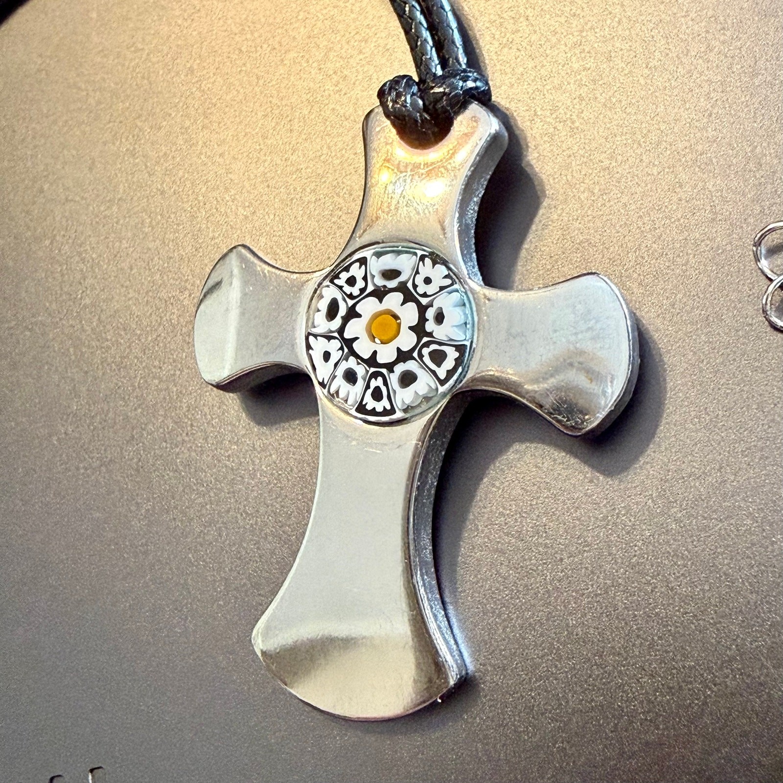 Italian Corte Murrina Millefiori Glass Stainless Steel Cross