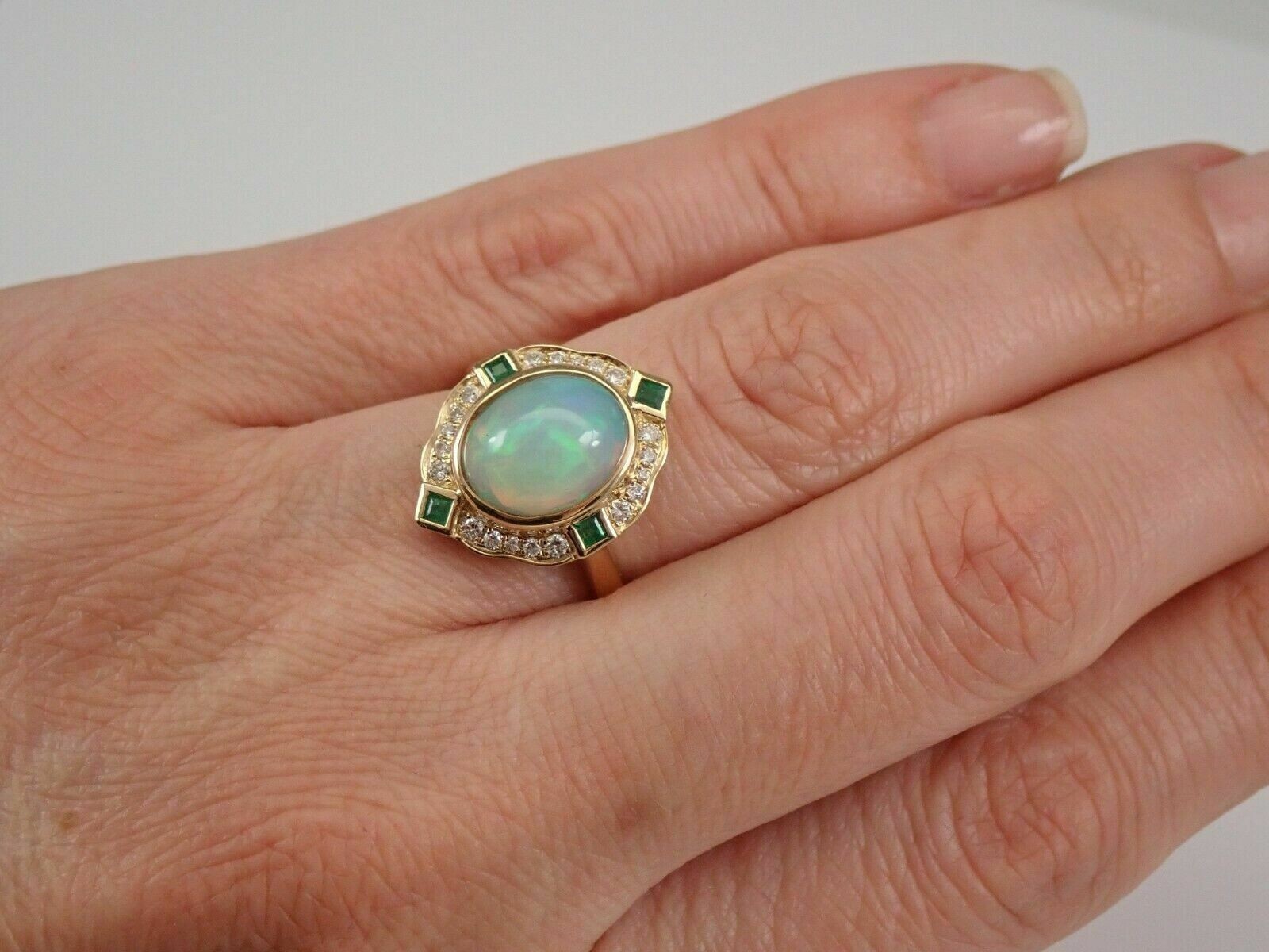 3Ct Oval Cut Opal & Emerald Women’s Halo Engagement Ring 14K Yellow Gold Finish