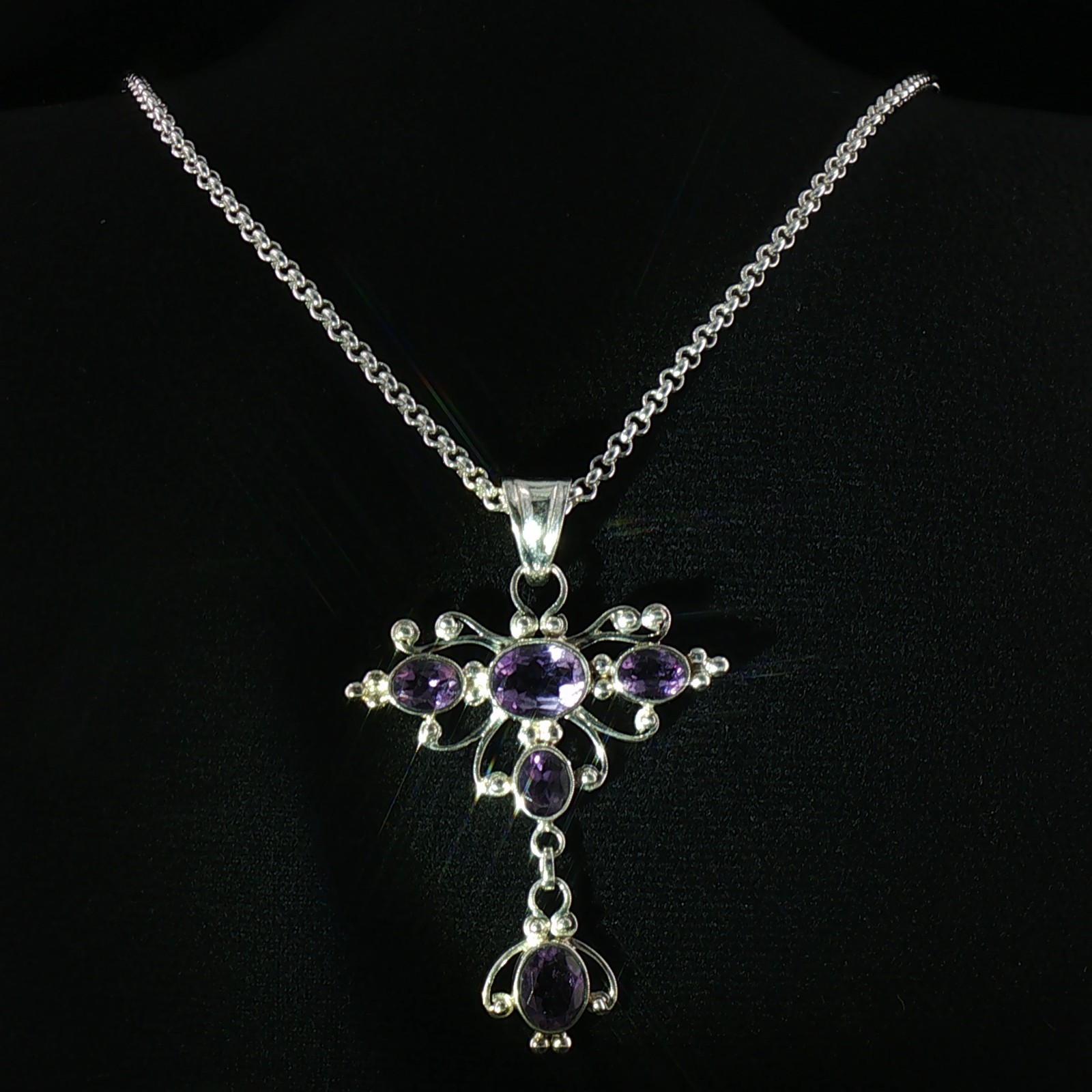Elegant Silver Amethyst Cross Pendant Necklace 60cm Belcher Chain – E19991