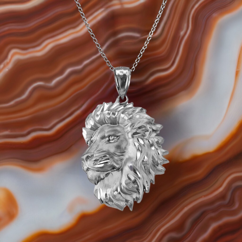 Sterling Silver Lion Face Sparkle Cut Pendant Necklace