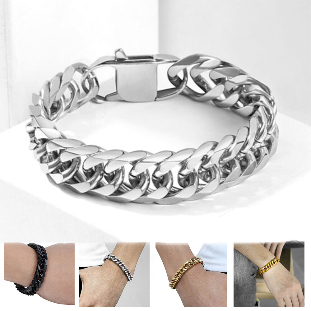 10/15mm Curb Cuban Rombo Link Bracelet Gold Plated 316L Stainless Steel Chain