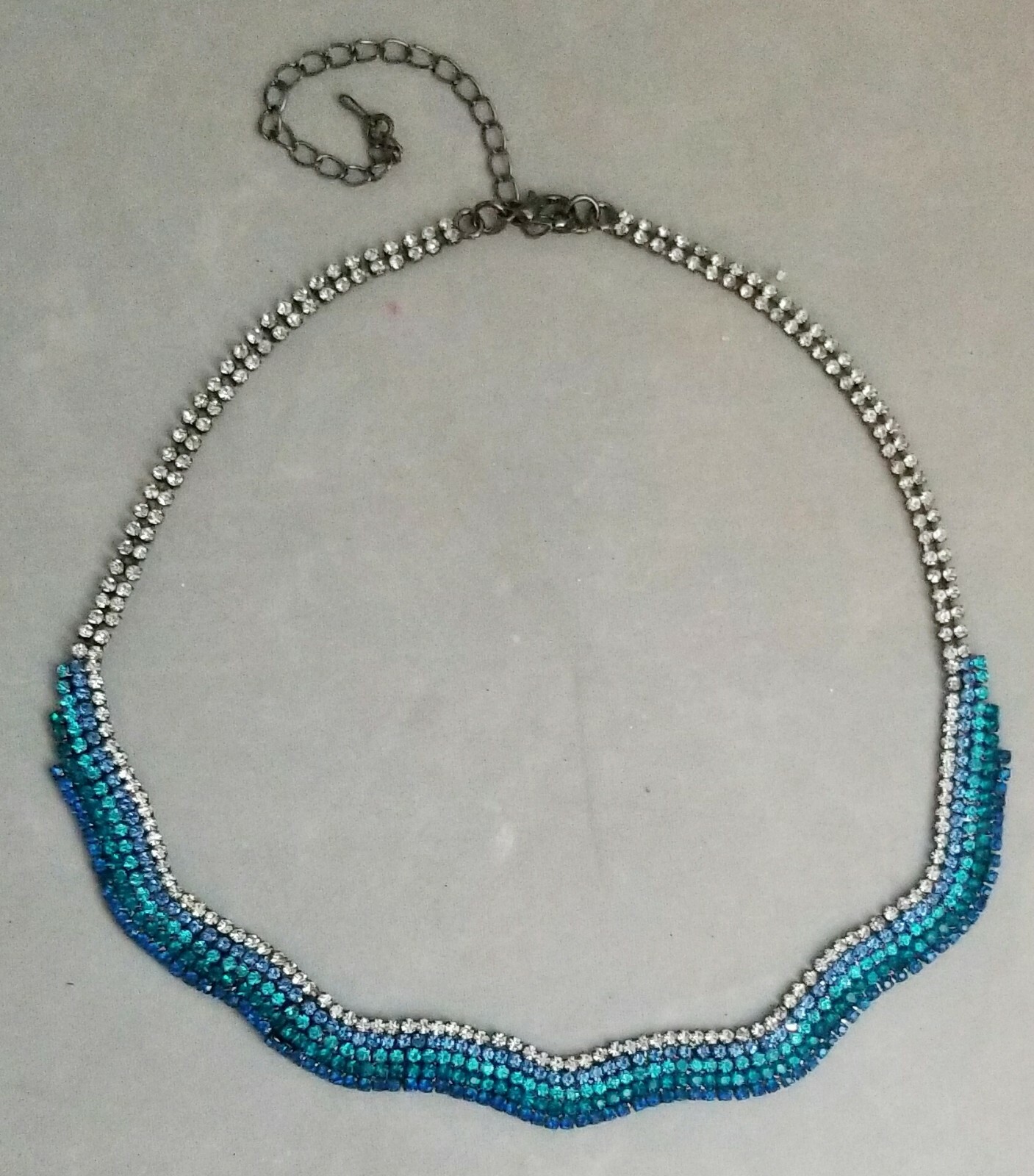 Blue Silver Crystal Row Necklace 16-20″ Silver Plated Special Occasion Formal
