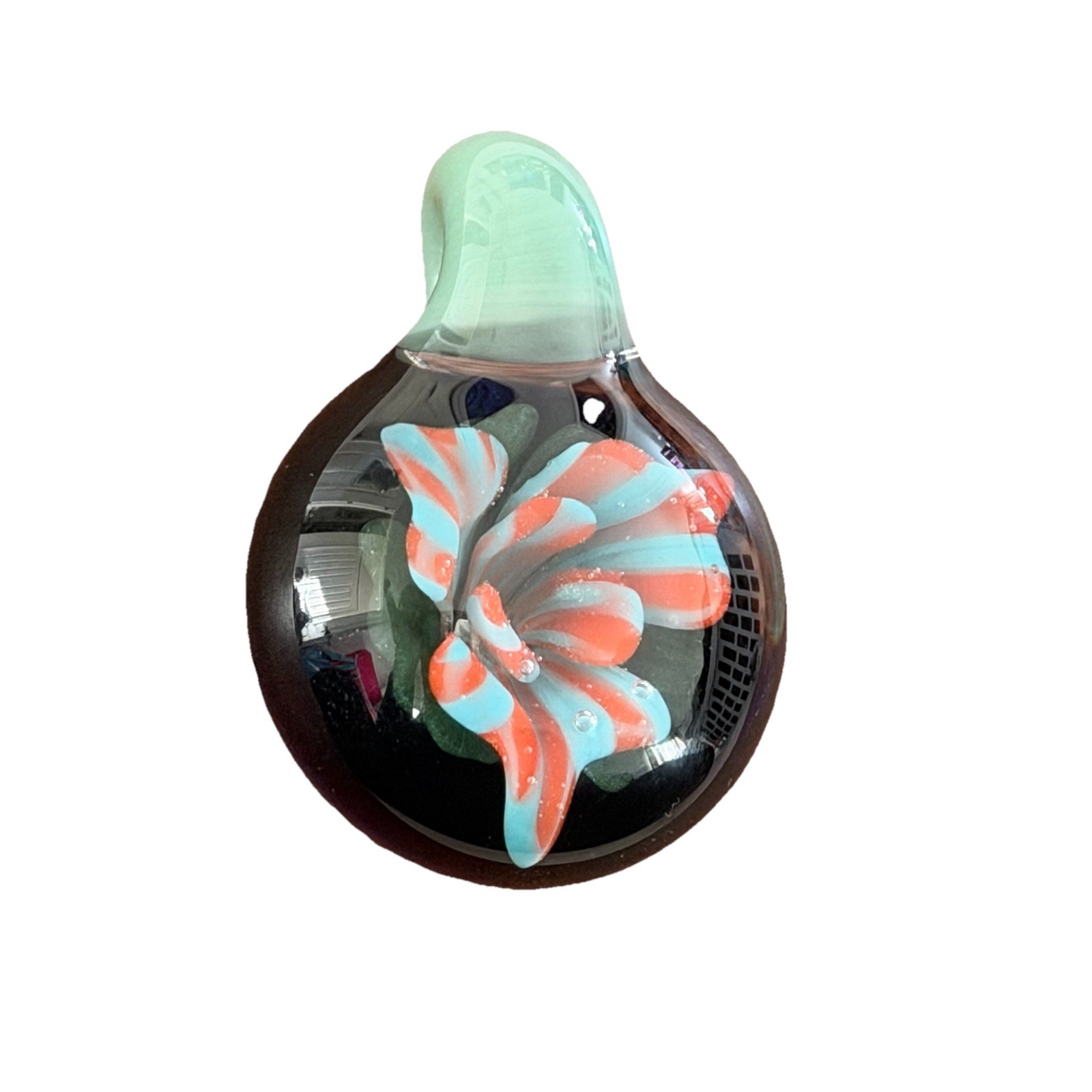 Handblown Glass Pendant Floral Flower Teal Green Orange Blue Unique