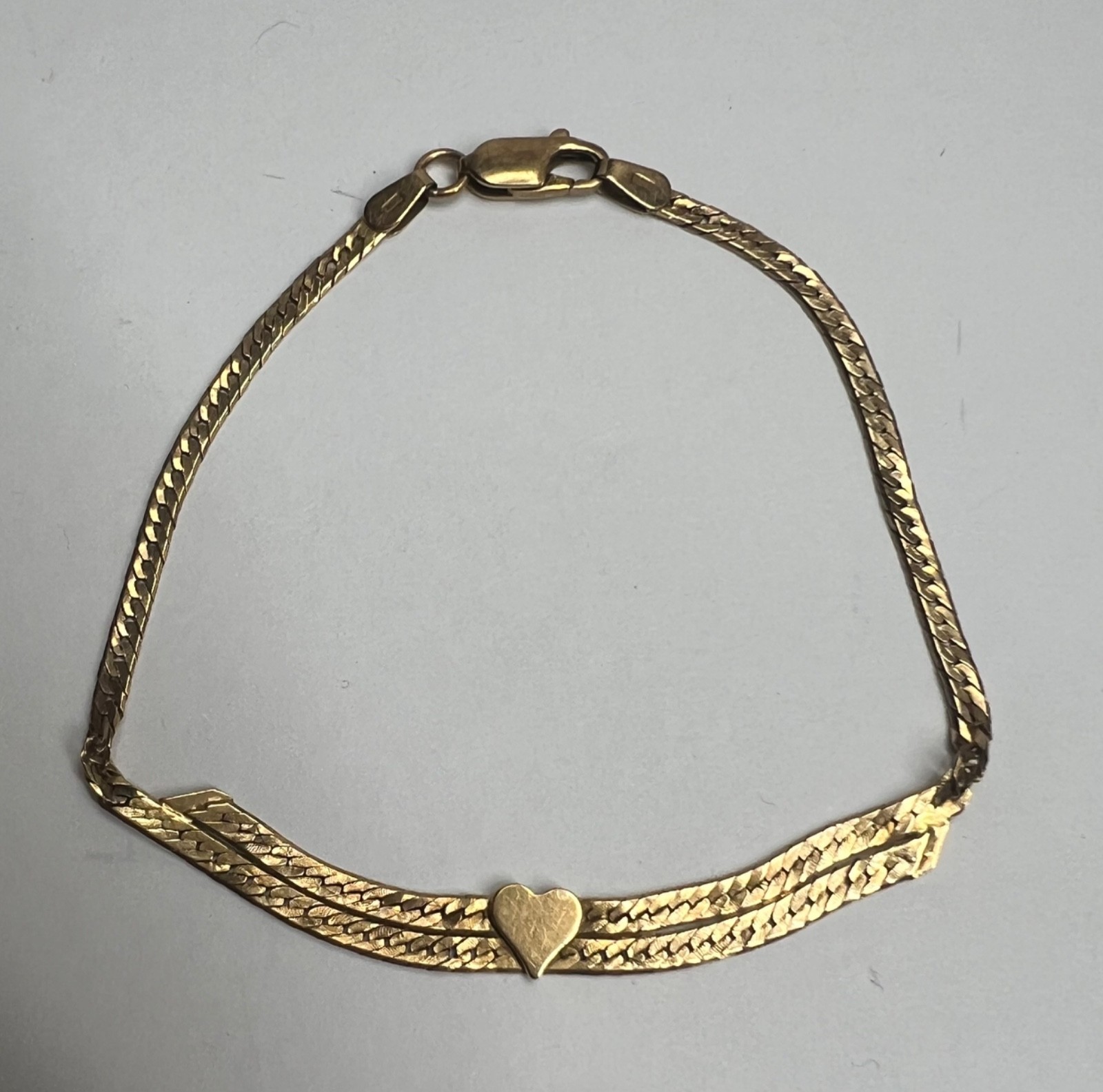 Vintage 14k Solid Yellow Gold Double Herringbone Heart Bracelet 7.5″ 3.88g