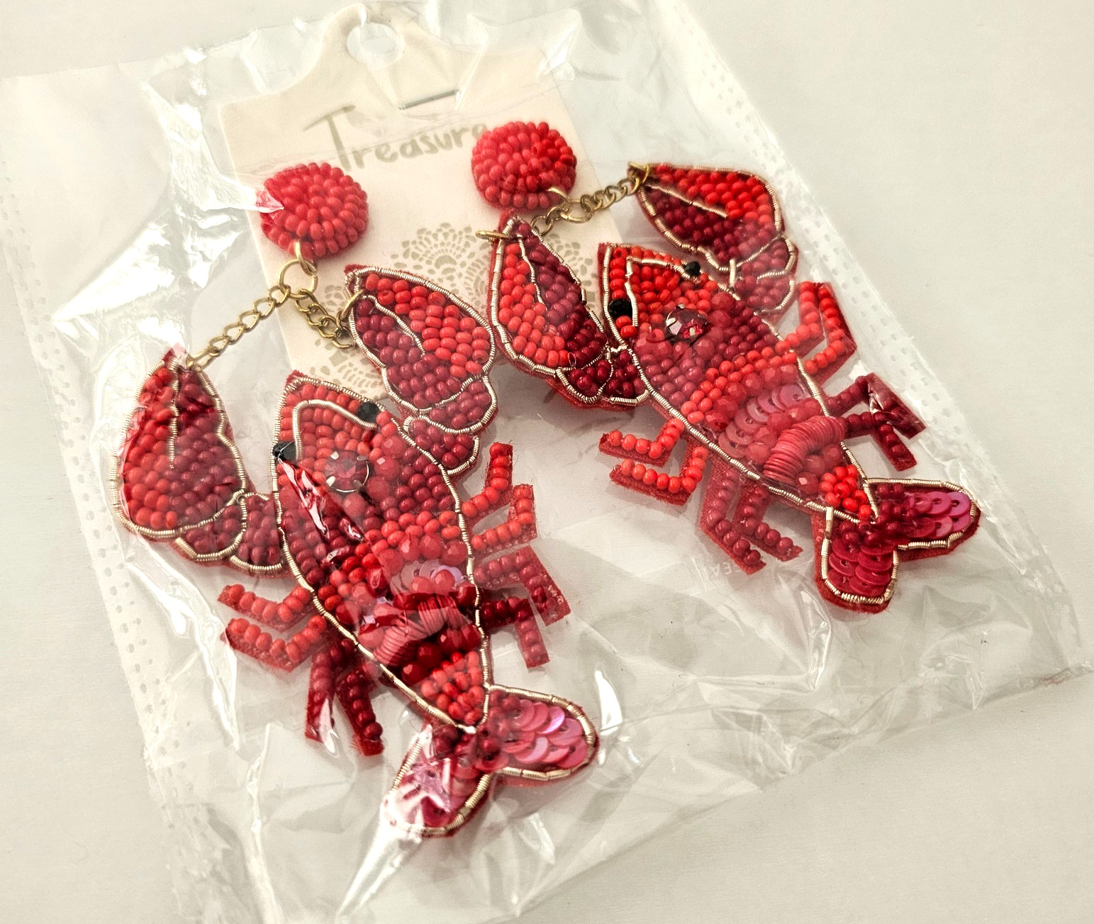 Red Beaded Lobster Earrings Crawfish Seed bead drop Earrings 3.75″ NEW