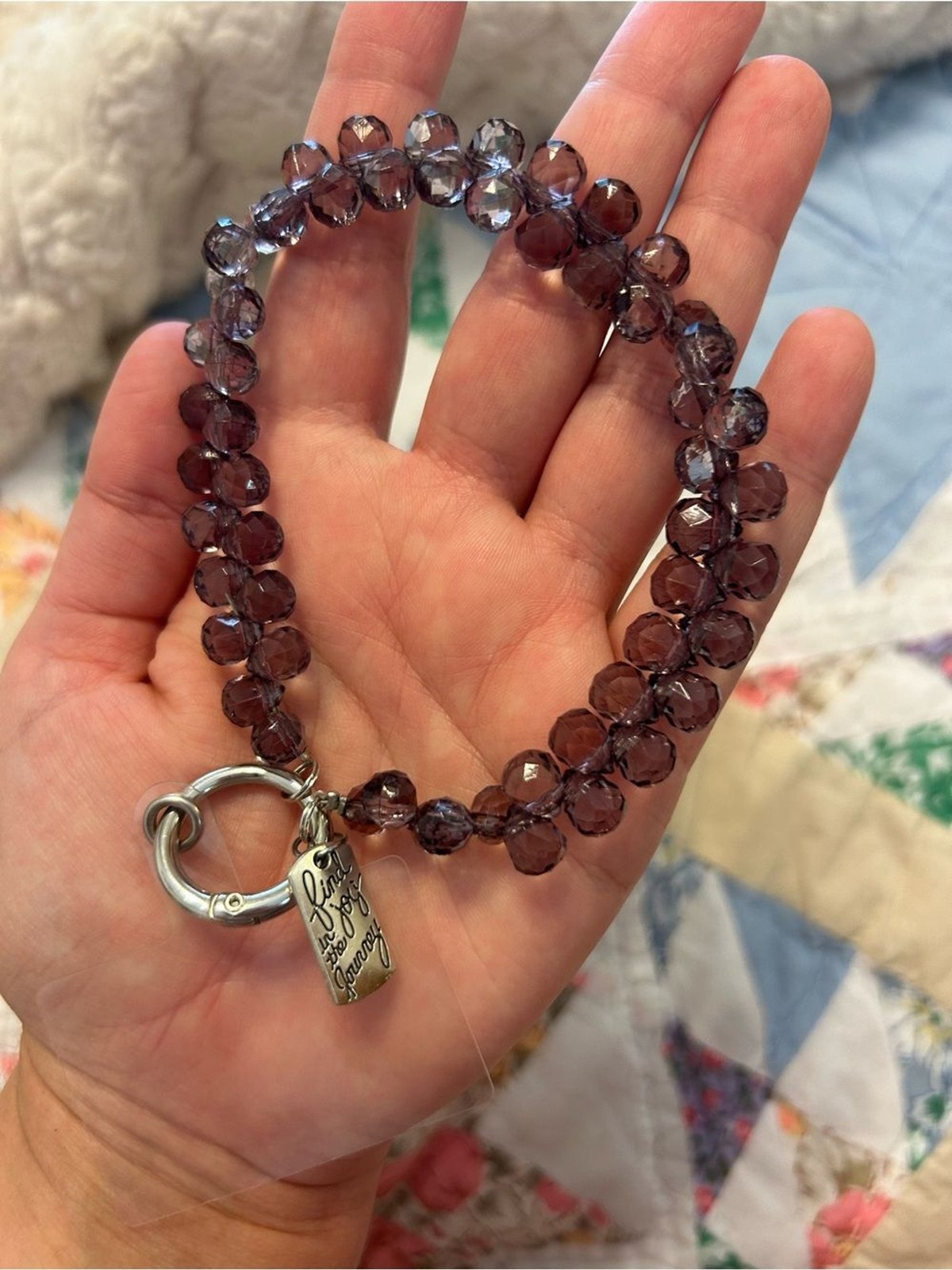 Handmade Purple Beaded Phone Charm Wrist Strap | “Family Is the Root of Joy”
