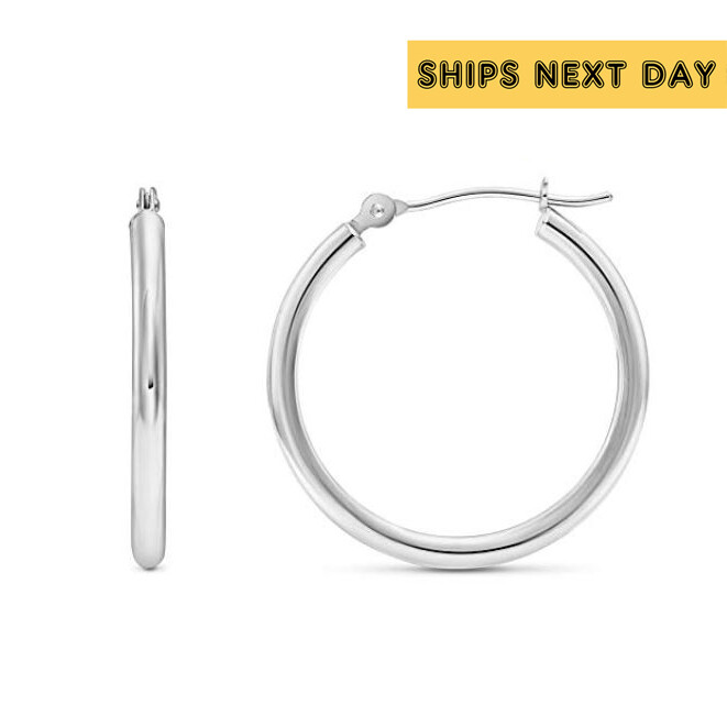 14K Real Solid White Gold Shiny Polished Round Creole Hoop Earrings All Sizes