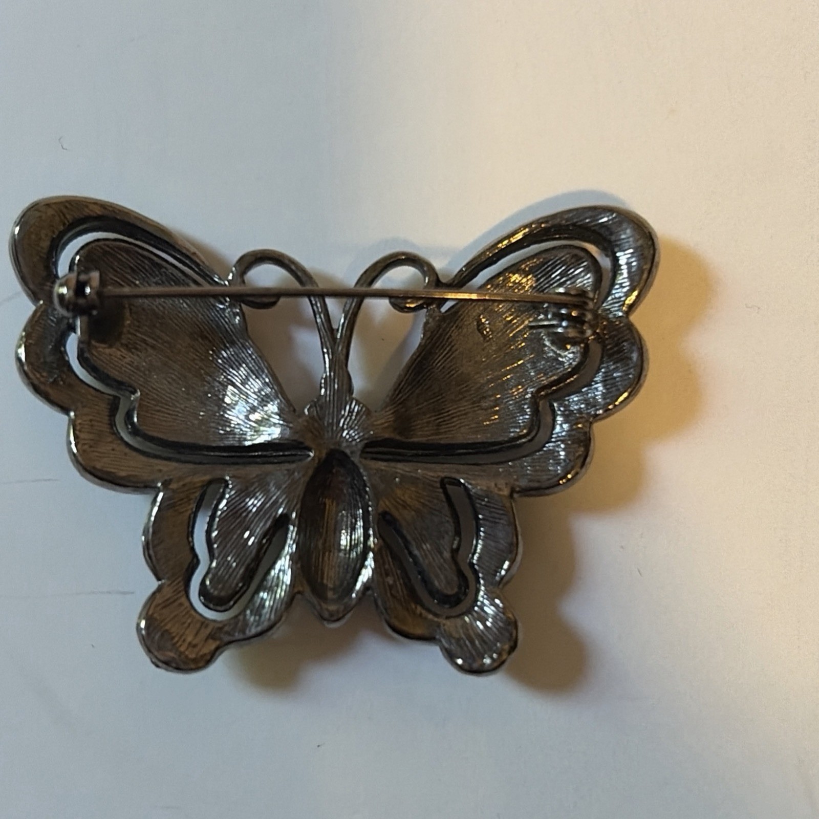 Beautiful Black Enamel & Rhinestone Butterfly Brooch Pin Pre-owned 2” X 1.5”